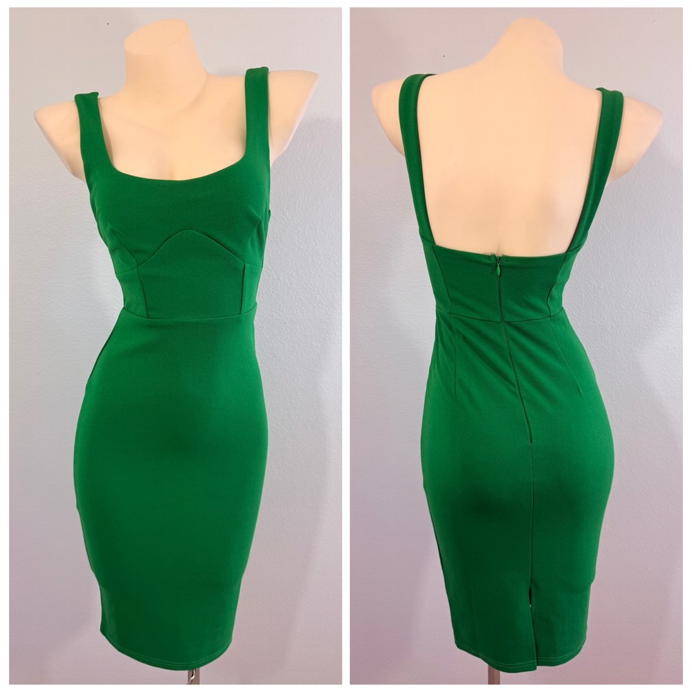 Here Comes The Sun Kelly Green Bodycon Cocktail Midi Dress Small